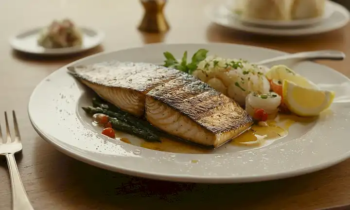 un plato con pescado a la parrilla o desvestido, captura fresca en el fondo, gotitas de agua, color marrón dorado, tenedor y cuchillo cerca, iluminación apetitosa, bandeja de mariscos en la esquina