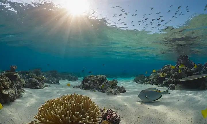 Un luminoso suelo marino azul con escuelas de peces coloridos nadando en el fondo, un pequeño stingray acechando en primer plano con su barb venenoso visible, un arrecife de coral en la distancia con algunas criaturas marinas curiosas mirando hacia fuera, la cálida luz del sol que brilla a través de la superficie de aguas creando ondas