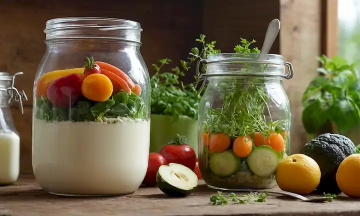 Un frasco de vidrio con una tapa, lleno de un líquido blanco cremoso, rodeado de frutas y verduras frescas, en una mesa de madera rústica con un fondo verde, con unos pocos brotes que crecen de la tapa de los frascos, y una mano pequeña que sostiene una cuchara en el primer plano, con luz natural que se derrama desde el lado