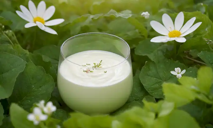 Un líquido calmante parecido al yogur con partículas blancas flotantes, rodeado de hojas y flores verdes exuberantes, un paisaje sereno en foco suave, iluminación cálida, suaves ondas en la superficie, un brillo sutil alrededor de las partículas