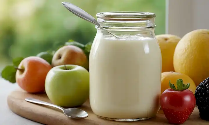 un frasco de vidrio lleno de un líquido cremoso, rodeado de fruta fresca y verduras, con una cuchara descansando en el borde, contra un fondo natural brillante, posiblemente con unos pocos granos o hebras de quefir visibles en la superficie