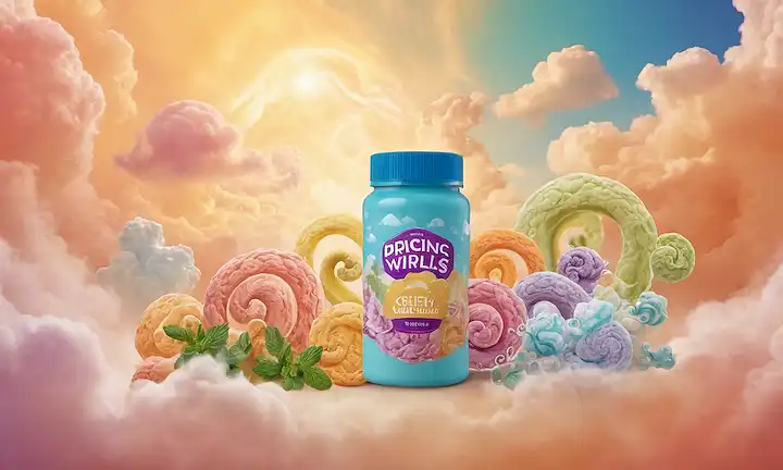 Una ilustración brillante y colorida que ofrece un grupo de bacterias de kefir alegres y agitadas rodeadas de nubes ricas en calcio, niebla infundada en magnesio, y tendriles llenos de triptófano, ubicados en un fondo cálido y cremoso