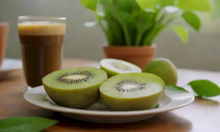 Una brillante y colorida escena de mesa de desayuno con kiwifruit rebanado en un plato, rodeado de hojas verdes frescas, una taza de vapor de café, y algunas migajas dispersas, contra un fondo cálido y acogedor