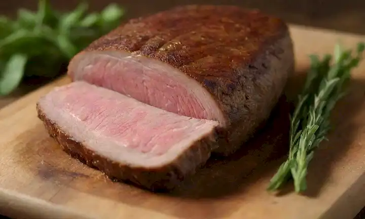 Un disparo de cerca de una rebanada de cordero tierno, carne asada dorada, hierbas verdes, tabla de corte de madera, fondo rústico, iluminación suave y cálida, sombras sutiles