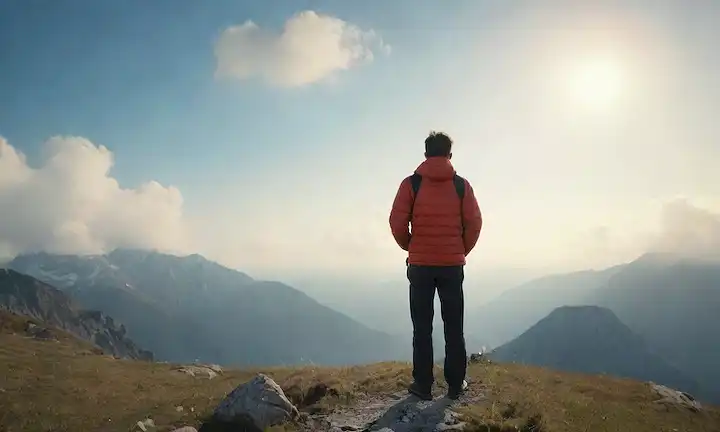 Una persona rodeada de nubes, con un fondo soleado brillante, sosteniendo una linterna y de pie en un pico de montaña, llevando una sonrisa segura, teniendo algunas mariposas cerca, con un aura débil alrededor de ellos