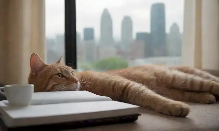 Una persona que descansa en un sofá con un libro o control remoto cerca, un escritorio desordenado en el fondo con papeles y tazas de café, un reloj corriendo, una vista de la ventana a una bulliciosa calle de la ciudad, un gato perezoso snoozing junto a ellos, una sutil pista de un plazo perdido