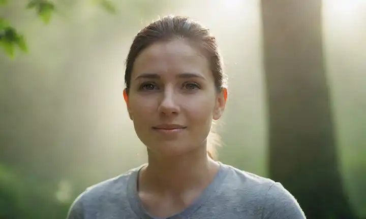 Una persona con confianza, enfocada en un objetivo distante, con una sonrisa sutil, rodeada de rayos de luz sutiles, bruma suave, y vegetación exuberante