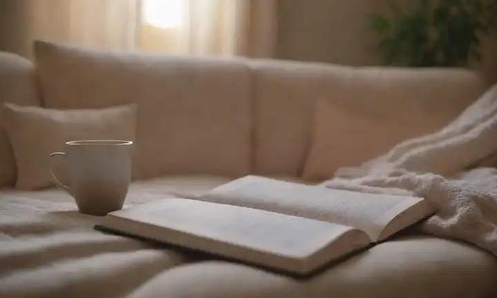 Un fondo serena con colores suaves, una persona que descansa en un sofá, una taza caliente de café o té, un libro o una revista, unas almohadas y mantas, una fuente de luz sutil, un ambiente tranquilo, notas de música tranquila