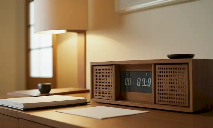 Una escena minimalista con un escritorio ordenado, un reloj en foco, un fondo tranquilo, sutiles motivos japoneses, iluminación suave, y un sentido de serenidad