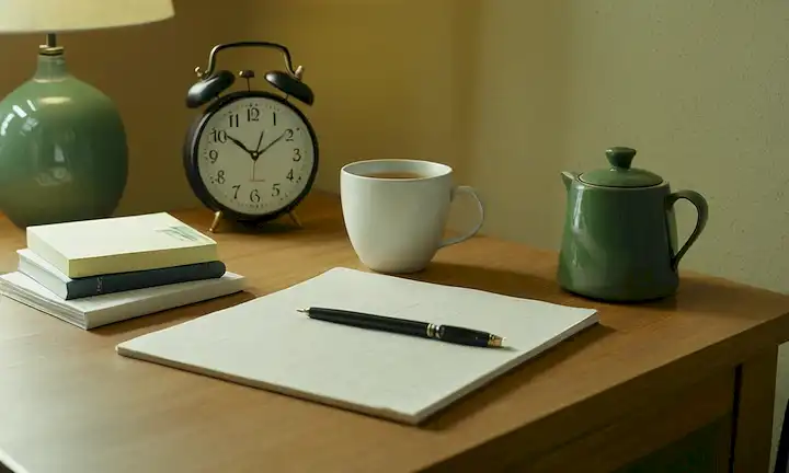Un cuarto limpio y ordenado con un escritorio organizado con papelería, una taza de té verde en el lado, un reloj en el fondo corriendo lejos, unos papeles de estilo japonés en la pared, un toque sutil de luz natural, un ambiente minimalista