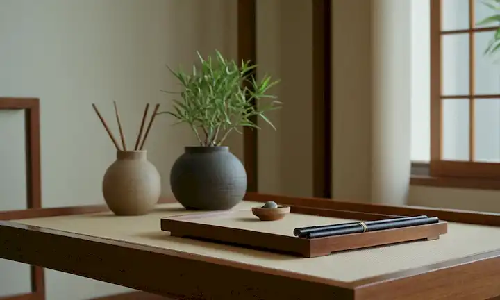 Una sala de estilo japonés serena con una paleta de colores tranquila