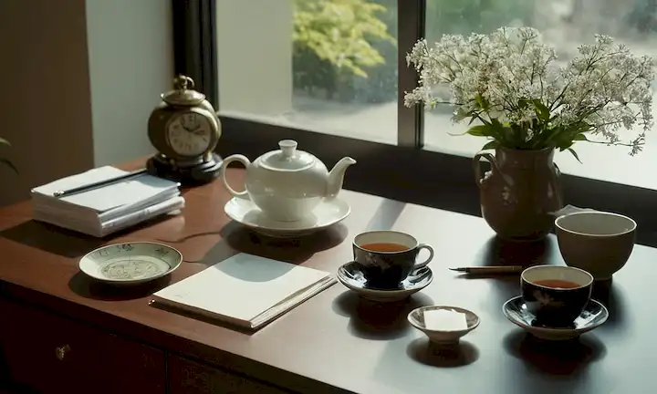Un escritorio ordenado con un reloj en el centro, rodeado de papeles perfectamente organizados y suministros de oficina, un té de estilo japonés situado en una mesa lateral, un toque sutil de luz de la mañana fluyendo a través de una ventana