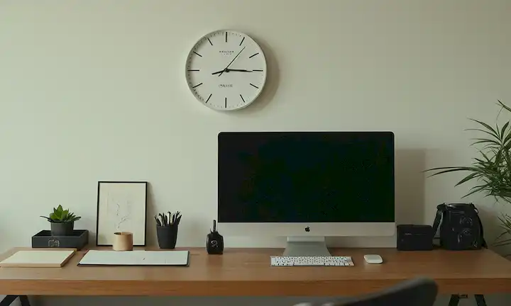 Un espacio de trabajo de estilo japonés sereno con un reloj en el fondo, un escritorio minimalista con artículos perfectamente arreglados, unas pocas sutiles pistas de desorden, un individuo tranquilo y centrado trabajando en una tarea, un sentido del equilibrio y la armonía