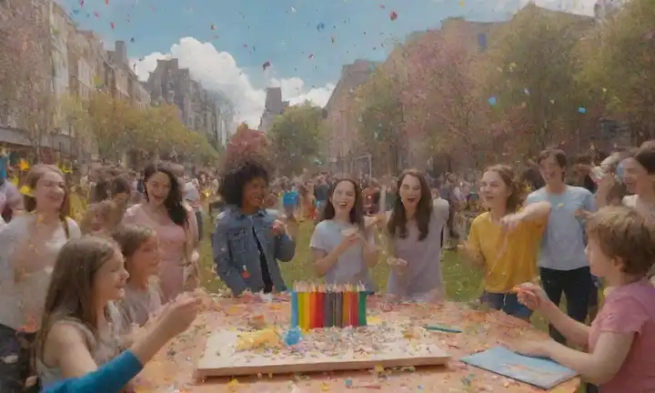 3D ilustraciones de manos con lápices coloridos, notas de música flotando por encima de un paisaje urbano, gente riéndose juntos en un parque, flores floreciendo en un jardín, niños jugando con instrumentos, caras sonrientes con pinceles, librerías llenas de libros y guitarras, manos uniendo piezas de rompecabezas, confetti que brota de un pastel de cumpleaños
