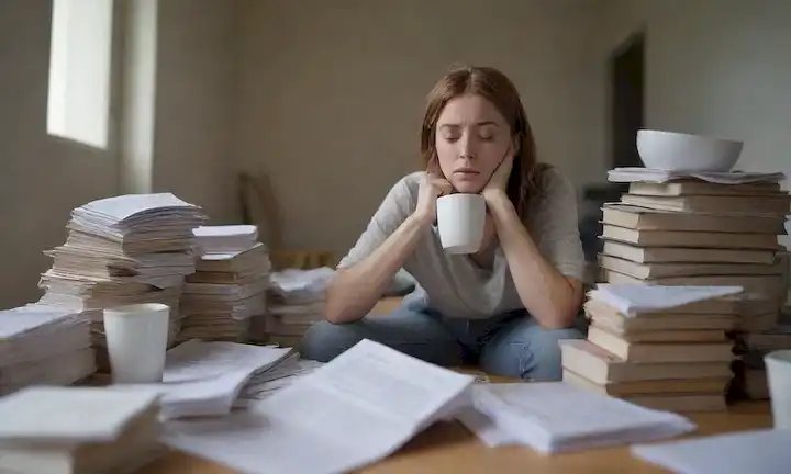 Una persona con una expresión desconcertada, sentada en un montón de libros y papeles, rodeada de tazas de café vacías y notas dispersas, con un sutil borrón en el fondo que sugiere el agotamiento y el caos, una ventana abierta que insinúa el aire fresco y la fuga