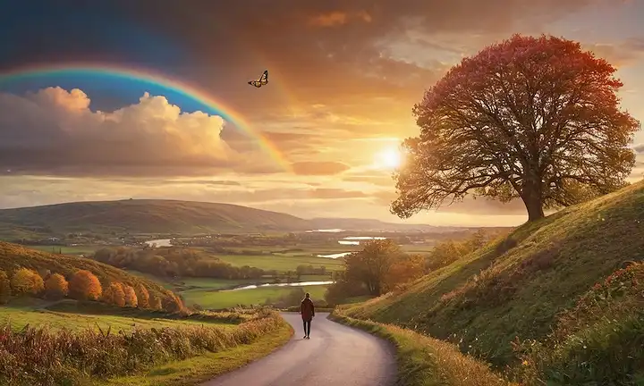 Un camino de viento al atardecer, con hojas que cambian los colores, una mariposa saliendo de un capullo, un río que fluye hacia la distancia, una persona de pie sobre una colina que domina el paisaje, un arco iris que aparece en el cielo, un árbol con ramas que se extienden hacia arriba y hacia afuera, un ciclo de vida que simboliza el crecimiento y la transformación