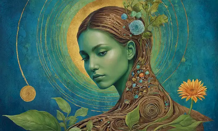 Una ilustración estilizada de una persona rodeada de símbolos de nacimiento, crecimiento, decadencia y renacimiento; una flor floreciente que se marchita, un brote emergente de cenizas, una forma espiral que representa ciclos; formas abstractas que se mezclan en tonos de verde, azul y oro, evocando renovación, transformación y continuidad