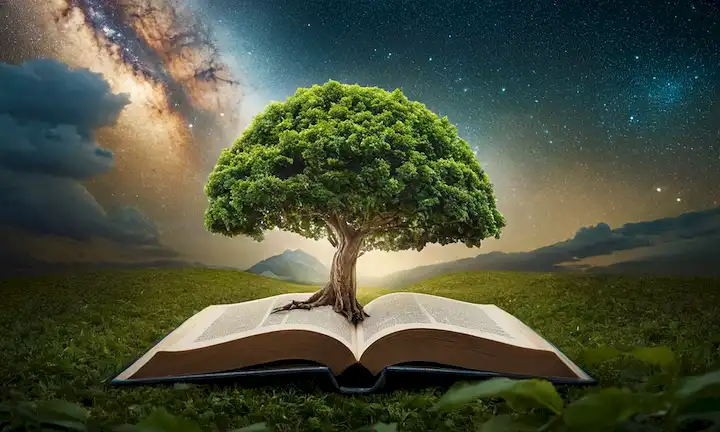 Un árbol en forma de espiral crece de un símbolo de ciclo, rodeado de hojas con pliegues como un libro, en un fondo de nubes y estrellas girantes, con alas delicadas que se despliegan del tronco, como si en vuelo