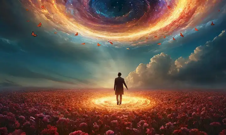 Una persona en un vórtice, en espiral hacia una luz brillante, con pétalos o alas que se desarrollan desde su espalda; una mariposa que emerge de una crisálida; un fénix que sale de cenizas; una figura humana rodeada de nubes y colores giratorios; una representación abstracta de transformación y renovación