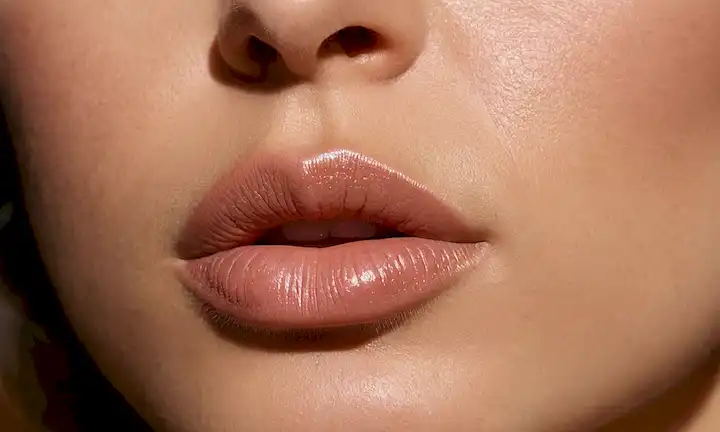 Cierre de los labios con textura seca de la piel, destacando las grietas y las líneas finas, suave fuente de luz, sombras sutiles, fondo suave, colores neutros, enfoque suave en la superficie de los labios, énfasis en la hidratación, ambiente sereno y calmante, mínimos props o distracciones, composición simple, relación de alto contraste
