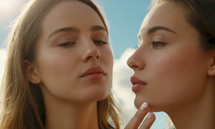 2 personas con labios secos en un entorno soleado, una con bálsamo labial y la otra no, labios con grietas y sequedad, un sol brillante sobre la cabeza, cielo azul con algunas nubes suaves, colores cálidos para transmitir comodidad y protección