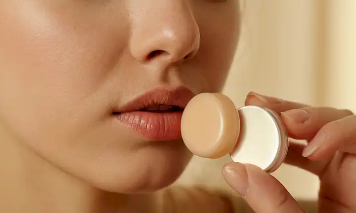 labios con piel seca, plano, luz suave, hidratante producto que se aplica, las manos sostienen un bálsamo de labios, fondo sutil borroso, paleta de color cálido y calmante, enfoque suave, textura delicada