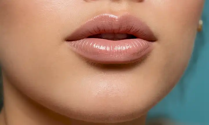 Una foto de cerca de los labios con diferentes grados de sequedad, como la piel agrietada, agrietada o agrietada; una luz cálida sutil para transmitir comodidad y tranquilidad; un fondo de enfoque suave para distracciones borrosas; colores suaves, calmantes como beige, crema o rosa pálido; un toque de humedad o brillo en algunos labios para representar hidratación