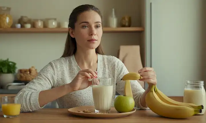 Una persona que sostiene un vaso de leche de soja con una expresión preocupada