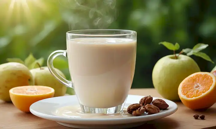 Una taza con leche caliente de soja vaporizada en una mesa de madera, rodeada de fruta fresca y hojas verdes, con un fondo tranquilo de suave luz solar, transportando salud y nutrición, con un efecto de salpicadura para enfatizar su textura líquida