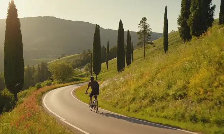 Una imagen de tono cálido con una persona que monta una bicicleta a lo largo de un camino de viento a través de frondosas colinas verdes con ciprés árboles que rodean el horizonte