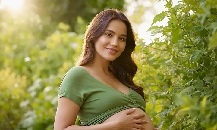 Mujer embarazada con una cálida sonrisa, adormeciendo su vientre; elementos circundantes como hojas o flores en tonos de verde y amarillo; luz sutil brillando a través; suave fondo con enfoque suave; atmósfera pacífica