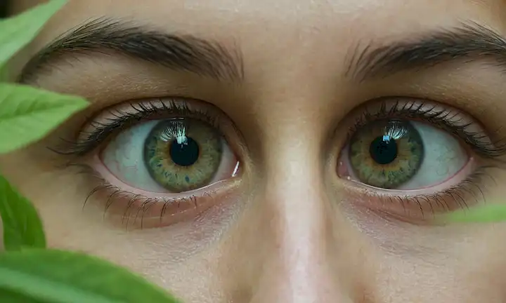 Una imagen brillante y vibrante que muestra un par de ojos, rodeado de vegetación exuberante, con un resplandor sutil que emana de dentro, con delicados filamentos, vasos microscópicos o patrones intrincados parecidos a la anatomía de los ojos humanos