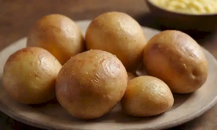 papas doradas, bordes crujientes, centros hinchables, piscinas de mantequilla derretida, polvo de harina suave, fondo rústico de madera, iluminación caliente, estilo vintage-inspirado, borrón suave