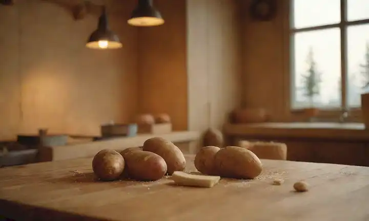 Cocina nórdica de estilo cálido, patatas tradicionales noruegas, mesa de madera, utensilios antiguos, pasador de rollos antiguos, enfoque suave, iluminación de hora dorada, fondo rústico de madera
