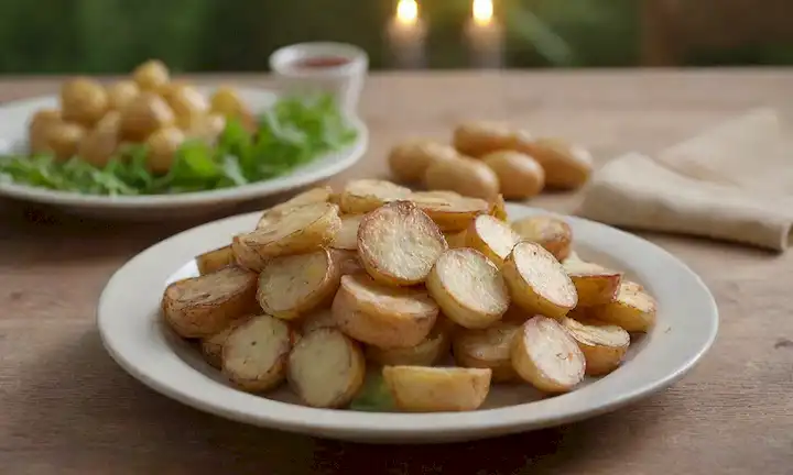 Un plato con una pila de papas doradas y crujientes, rodeado de hojas verdes frescas, un mantel rústico de madera, luz dorada cálida, y unos pocos pelados sueltos de patata dispersos alrededor