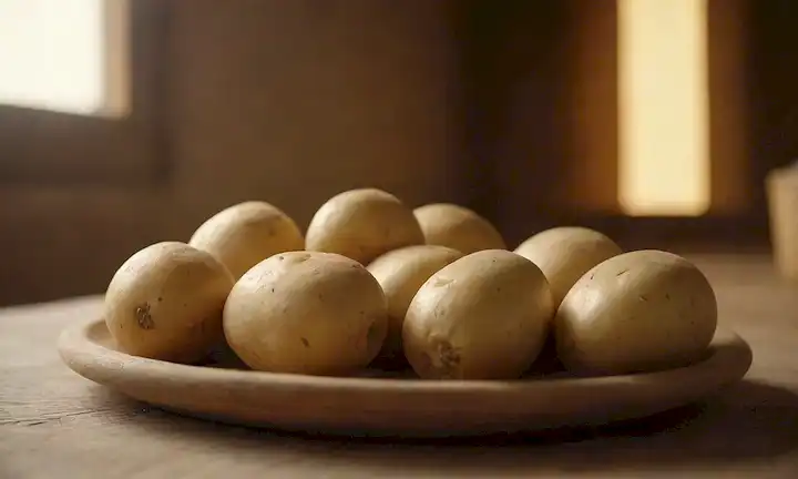 3-4 patatas medianas, fondo rústico de madera, luz dorada cálida, enfoque suave en las patatas para enfatizar la textura y los colores naturales, sombras mínimas, toque de utensilios de cocina en la periferia, atmósfera acogedor