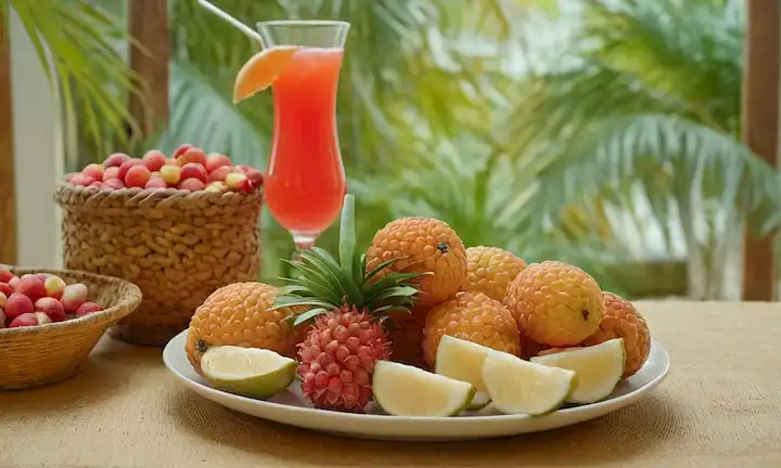 Una placa colorida, jugosas frutas de lichi, fondo blanco cremoso, palmera tropical, canasta tejida, cuchara de madera, dulces golosinas, refrescantes bebidas, ambiente exótico, pose atractiva