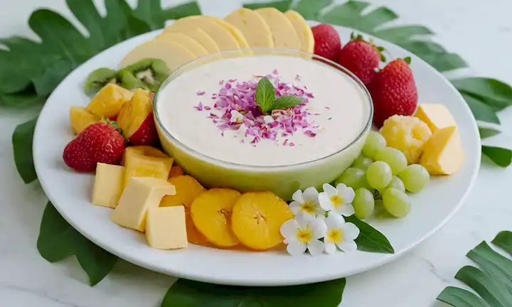 Un plato de fruta vibrante con frutas de lichi en el centro, rodeado de hojas verdes frescas, unas cuantas rebanadas de queso exótico, y una dispersión de flores comestibles en tonos pasteles; una delicada taza de vidrio llena de batido blanco cremoso cerca del borde