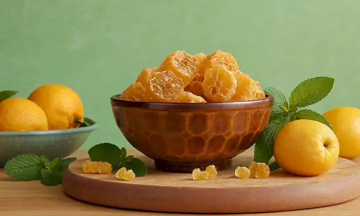3 lichis maduros en un tazón decorativo, panal de miel dorado fondo patrón, pocas hojas de menta frescas dispersas alrededor, foco suave, iluminación caliente, rebanada de fruta en la tabla de cortar cerca
