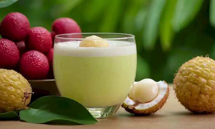 Un exuberante fondo verde con unas cuantas frutas exóticas dispersas, un enfoque en una fruta madura de lychee, una delicada taza de vidrio llena de mezcla blanca cremosa y adornada con piezas de lychee frescas, suave luz cálida, colores vibrantes, composición elegante