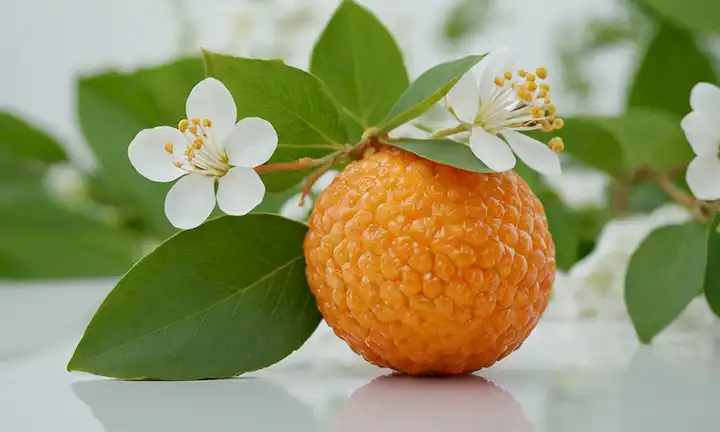 Fruto de lichi naranja brillante con patrones intrincados en su piel, colocados contra un fondo blanco limpio, rodeado de hojas verdes exuberantes y delicados pétalos de flores, con sutiles relieves dorados y un toque de vapor que se eleva de la fruta
