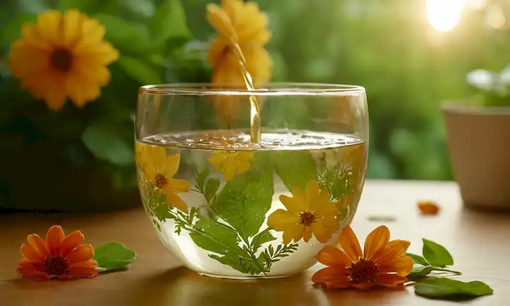 Un cuenco cálido y reconfortante de líquido cremoso, rodeado de hojas verdes vibrantes y flores coloridas, con suave luz dorada que brilla desde arriba, con una suave vertimiento vertido en un vaso