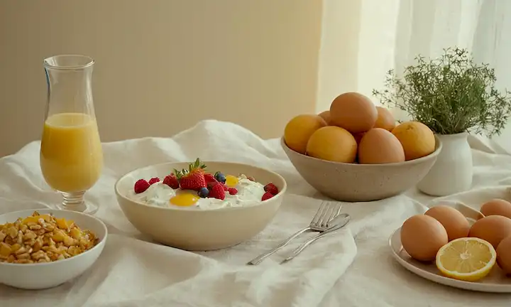 3-4 platos coloridos, vibrantes arreglos de frutas y verduras, un tazón de yogur con miel, huevos en un mantel, iluminación suave, suaves colores de fondo (beige, crema), hierbas frescas, un frasco de vidrio con cereales integrales, una licuadora con ingredientes batidos, un ambiente de cocina relajada