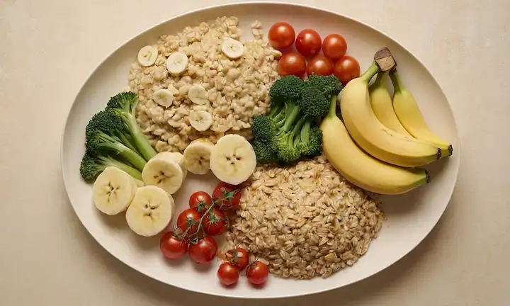 Un plato cálido y acogedor con una variedad de alimentos suaves y de color pálido, como plátanos maduros, avena cocida y verduras a vapor, dispuestos en una composición armónica, contra un suave fondo beige o de color crema, con luz natural sutil, evocando un sentido de comodidad y serenidad