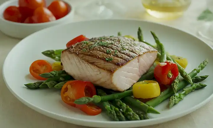 Un plato sereno con un corte magro de carne, acompañado de un delicado pedazo de pescado blanco en una cama suave de verdes, rodeado de verduras frescas como espárragos y pimientos de campana, con un enfoque sutil en colores ligeros y suaves