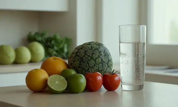 Frutas y verduras frescas, un vaso de agua, una luz suave, un fondo minimalista, una paleta de color sutil, texturas naturales, un ambiente tranquilo, un sentido de serenidad, curvas suaves, un tono cálido, una composición sencilla