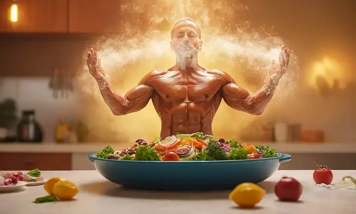 ilustración 3D de un cuerpo humano con una energía brillante y colorida que rodea cada órgano