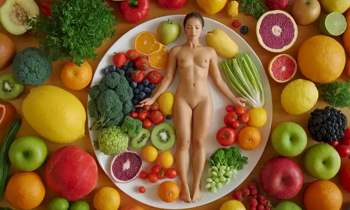 ilustración 3D de un cuerpo humano con zonas macrobióticas destacadas, un plato de frutas y verduras coloridas que rodean la figura, colores vibrantes para representar energía y salud, un fondo sutil con un toque de naturalezas elementos como hojas o árboles