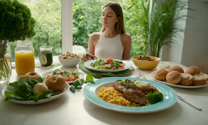 ilustración 3D de una persona sentada en una mesa con un plato personalizado delante de ellos, rodeado de diversos alimentos, utensilios, y un ambiente de vida saludable con exuberante vegetación y luz natural, que transmite una sensación de relajación y nutrición