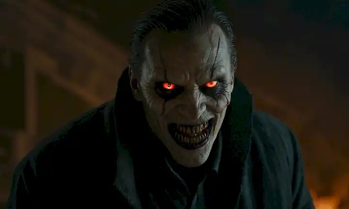 Un fondo oscuro y ominoso, una figura siniestra acechando en sombras, rasgos faciales retorcidos, ojos rojos brillantes, sonrisa amenazante, garras afiladas, y ropa tattered